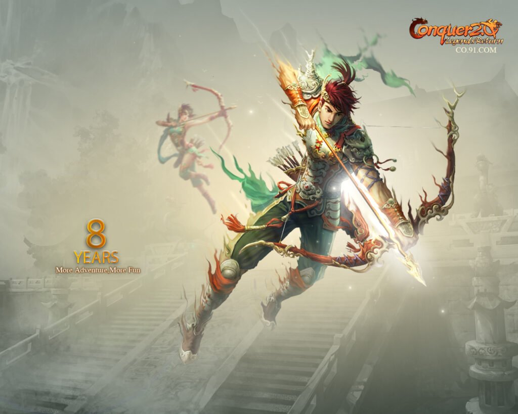 Fantasy archer with bow and arrow, mystical setting.