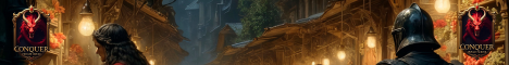 Medieval village with dimly lit lanterns and armoured knights.