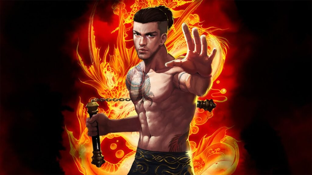 Martial artist posing with nunchaku and tattoos.