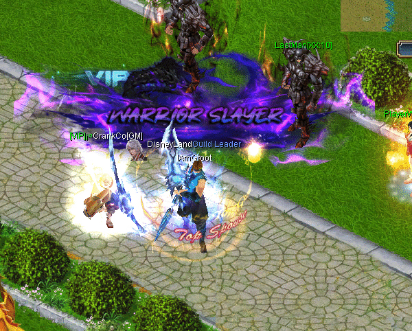 Fantasy game battle scene with warriors and effects.
