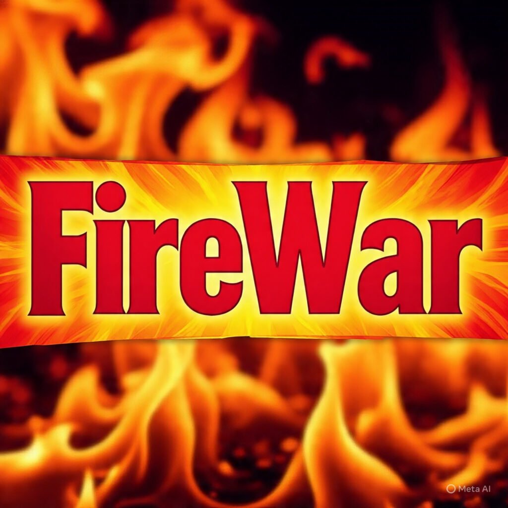 FireWar sign on fiery background.